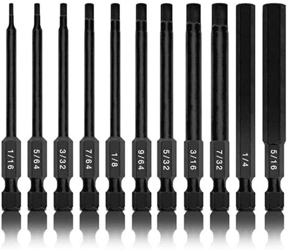 Inbussleutelset met 11 zeskant-boren, SAE-maten 1/16" tot 5/16", magnetisch met 3 inch snel span schroeven, S2-staal voor boormachines en slagschroevendraaiers