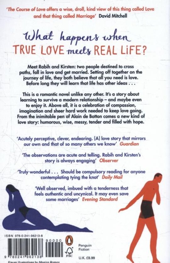 De achterkant van het boek "The Course of Love" met citaten van David Mitchell, Guardian, Observer, Daily Mail en Evening Standard. Illustratie van twee figuren.