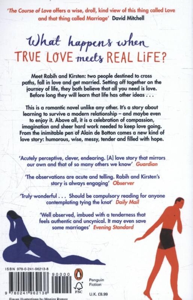 De achterkant van het boek "The Course of Love" met citaten van David Mitchell, Guardian, Observer, Daily Mail en Evening Standard. Illustratie van twee figuren.
