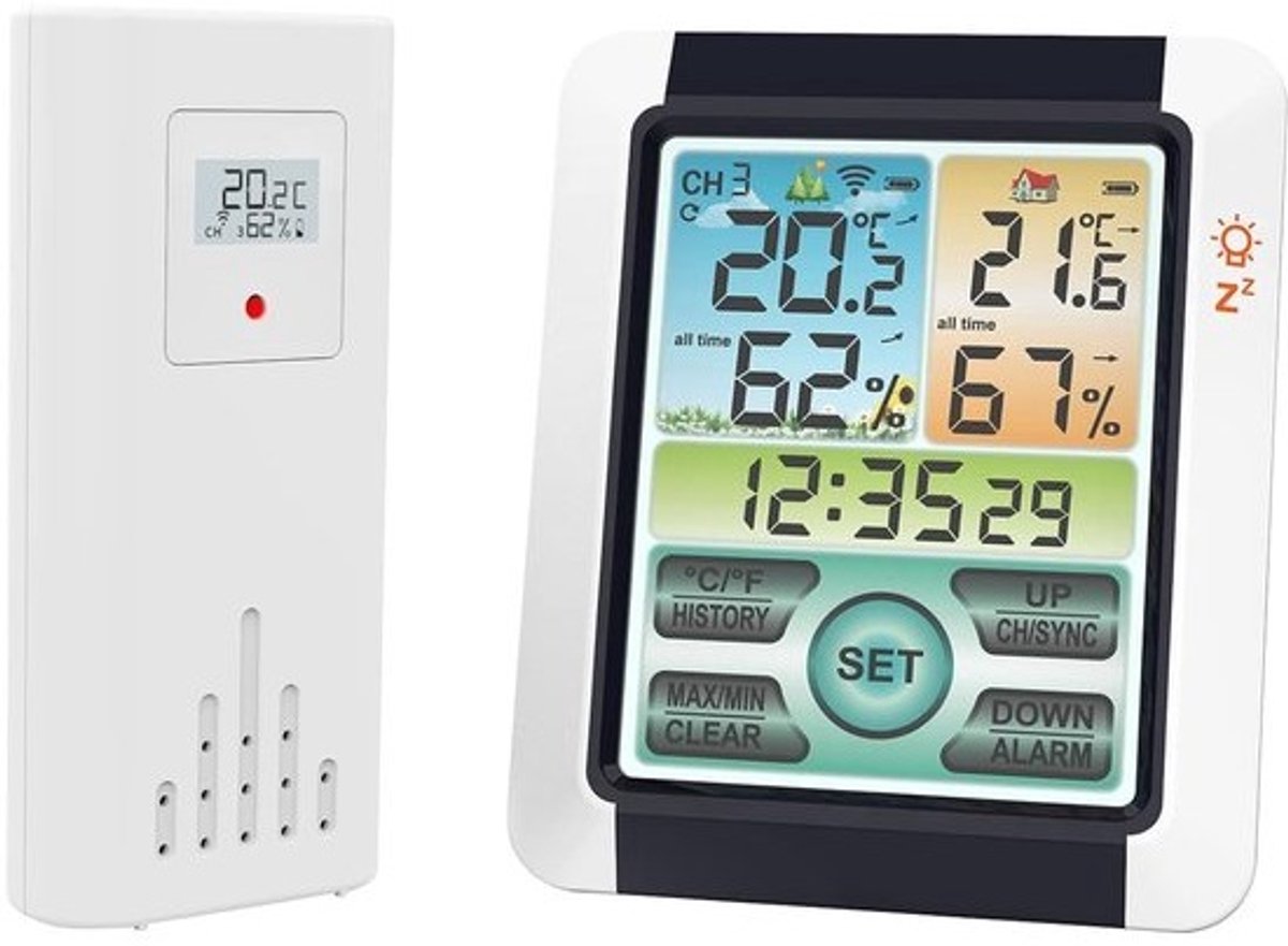SnelShoppen - Draadloze Weerstation met Buiten Sensors, Digitale Thermometer Hygrometer voor Binnen en Buiten, Kleurrijk LCD Touchscreen, Weervoorspel