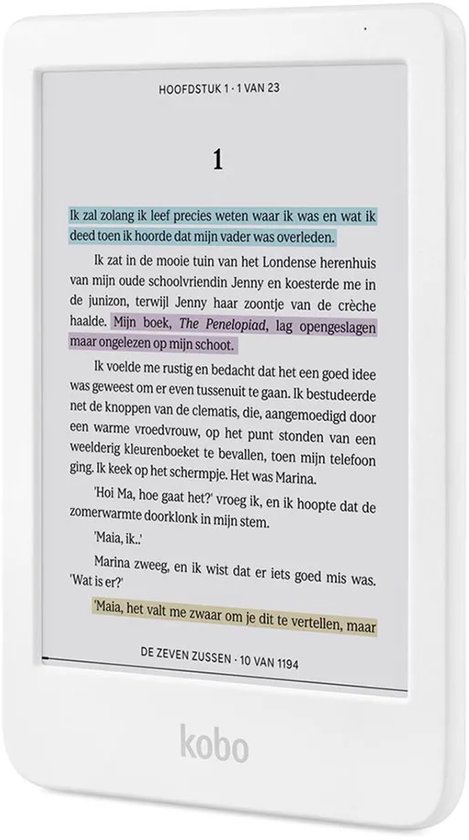 Witte Kobo Clara Colour e-reader die een Nederlandstalige tekst toont met gemarkeerde passages.