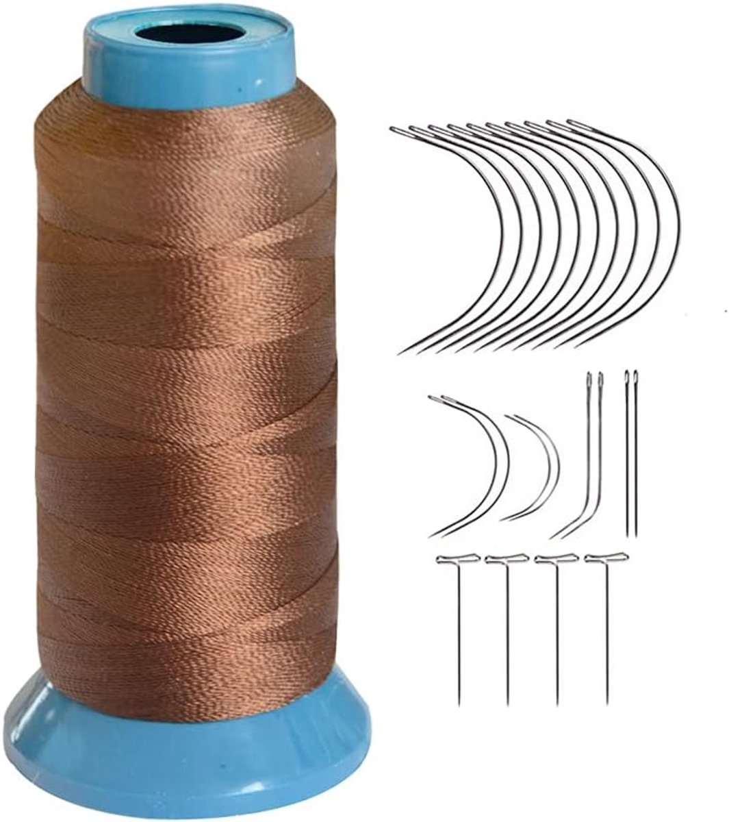 weefdraad Hoge sterkte polyester draad maat 250 D met 12 stuks van 9 cm-C type naalden/gebogen naalden voor naaien（Bruin）