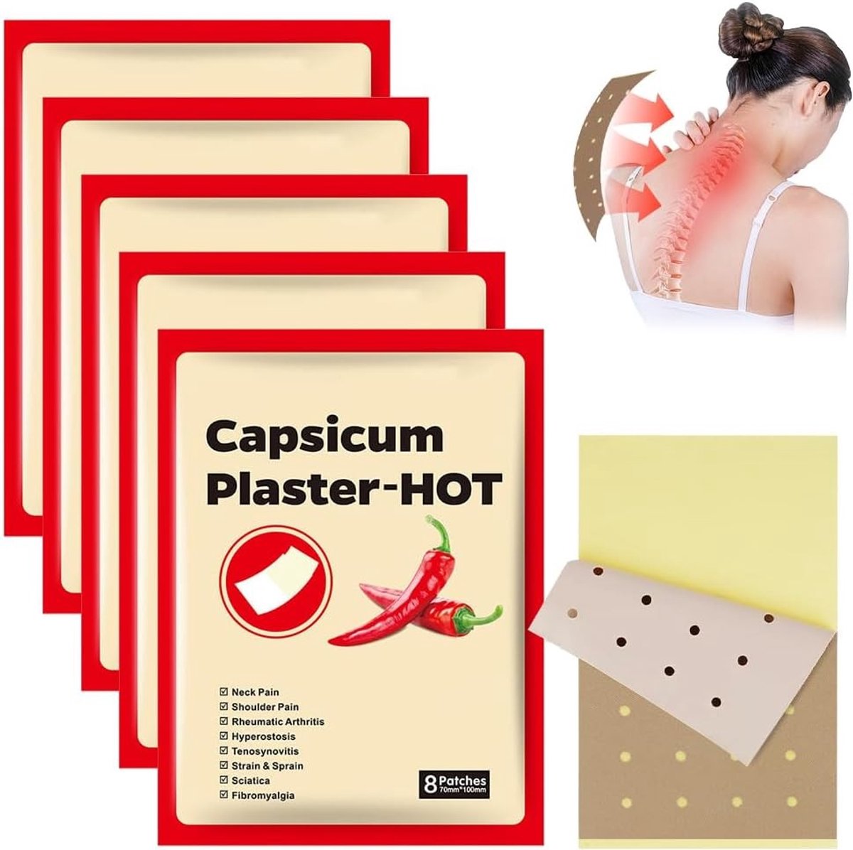 Natuurlijke Capsaïcine Pleisters voor Pijnverlichting, 40 Stuks voor Rug, Nek en Spierpijn, 4-8 Uur Effectief