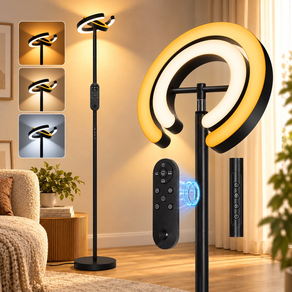 Lapamax Moderne LED Vloerlamp met Magnetische Afstandsbediening-Luxe Staande Lamp 190cm met 2 C-vormige Lichtbogen -1900K-6500K Dimbaar Licht- Sfeerverlichting en Leeshoek voor Woonkamer, Slaapkamer en Kantoor