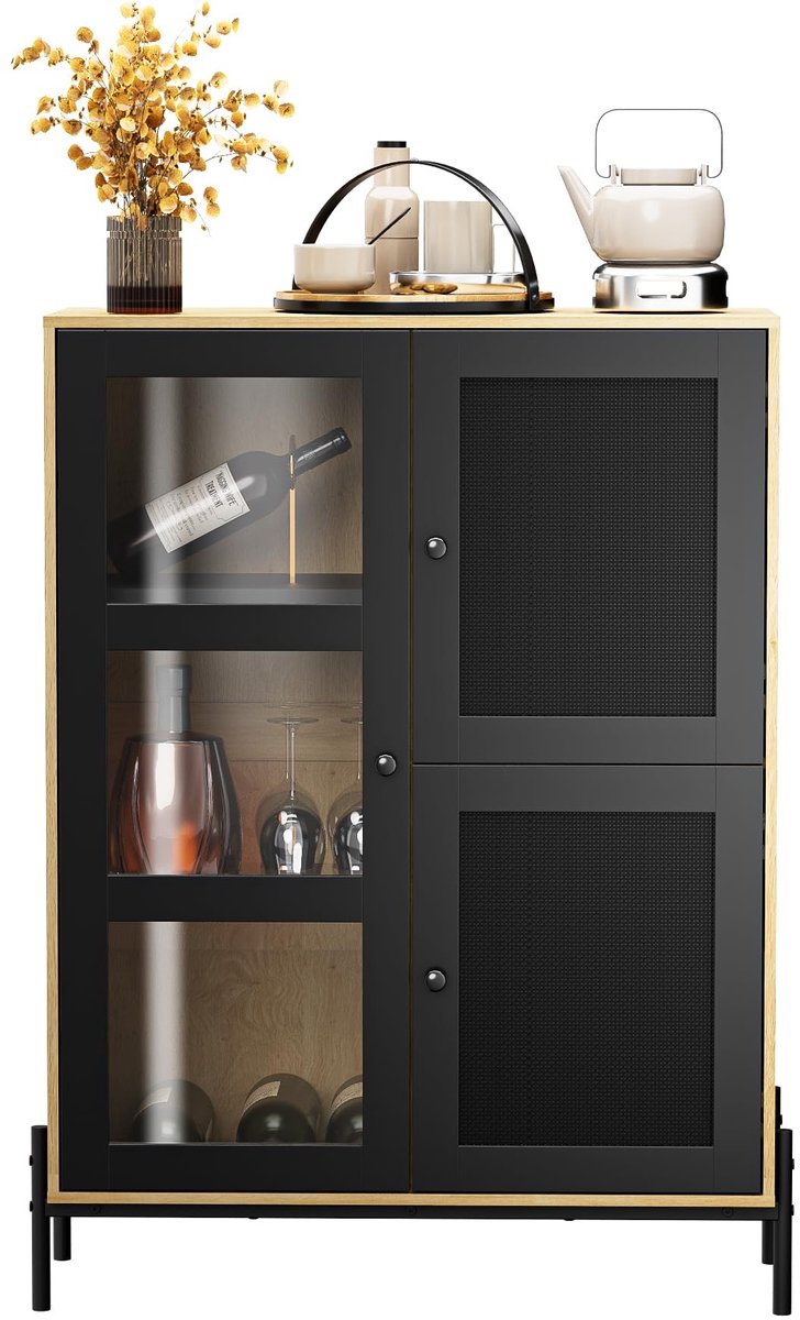 UEV Wijnkast, Keukenkast, Koffiekast met bekerhouder, Commode met deuren, Afgeprijsd ontwerp, Zwart+Natuurlijk
