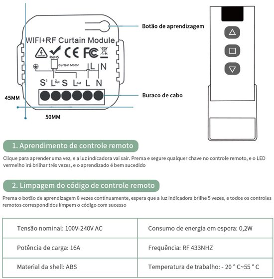WIFI+RF gordijnmodule met leerknop en afstandsbediening met drie knoppen.