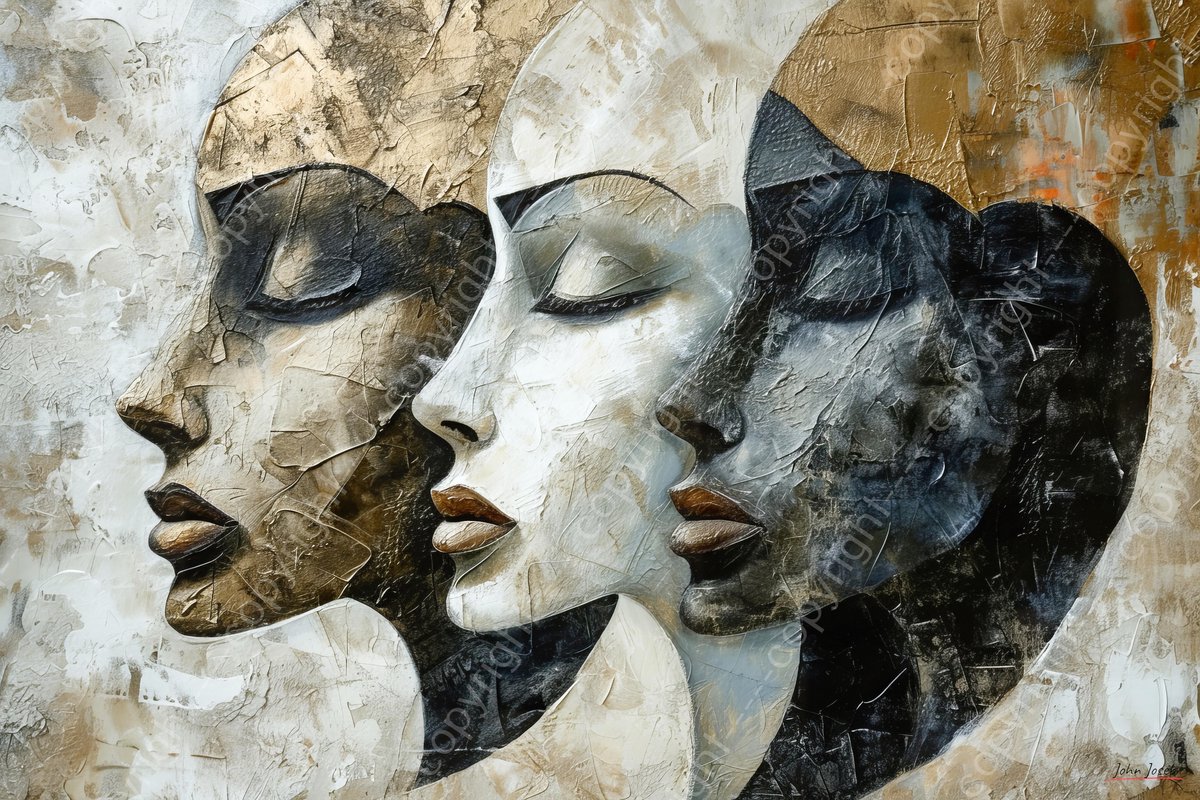John Joseb Art (Aluminium) 120x80 | 3 Vrouwen, portret,, abstract, surrealisme, gecraqueleerd, kunst | gezicht, mens, bruin, zwart wit, bruin, oog lippen, modern | foto-schilderij op dibond, metaal wanddecoratie