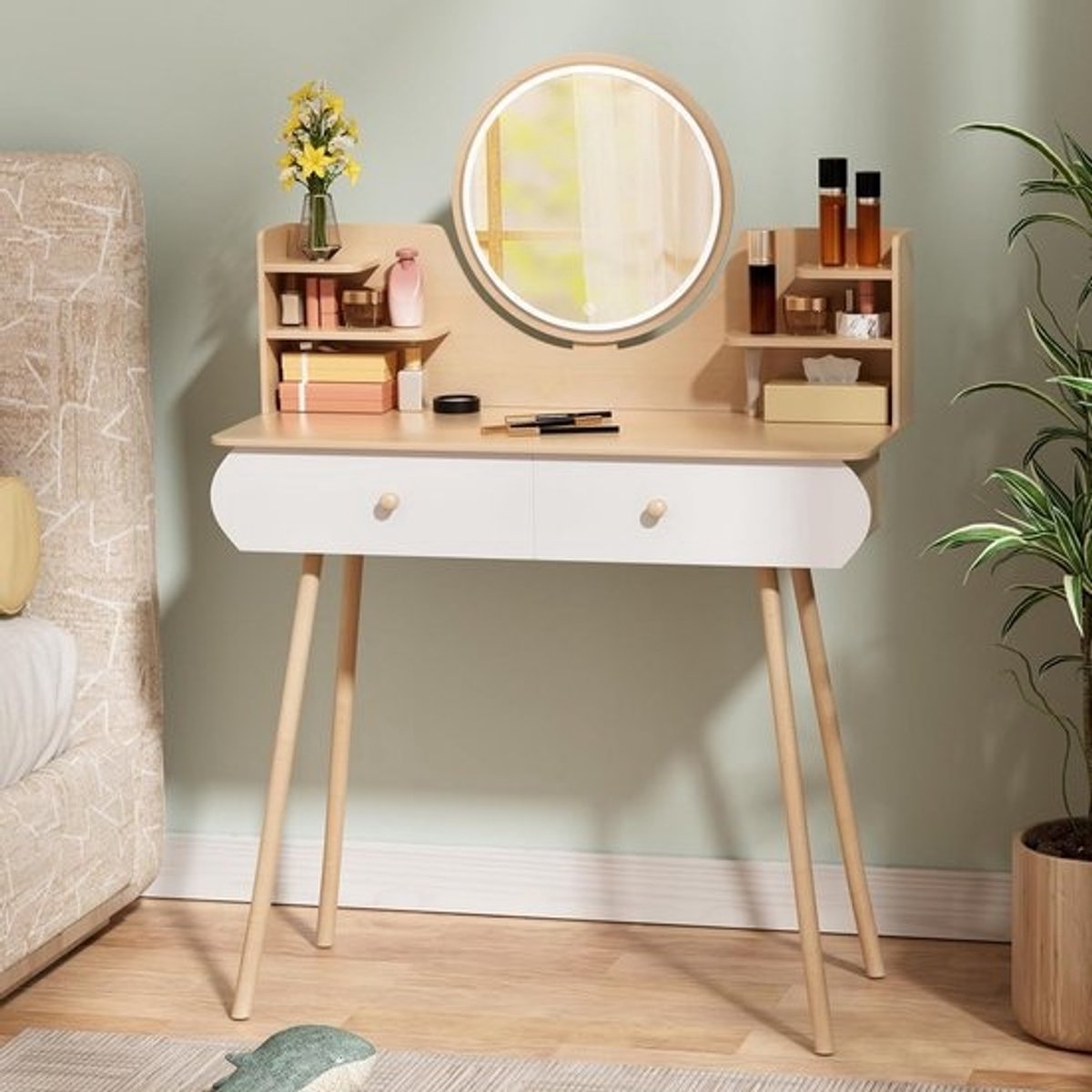 Kaptafel met spiegel - Slaapkamer meubel - Make-up aanbrengen - Verstelbare LED-verlichting - 80x40x120 cm - Wit