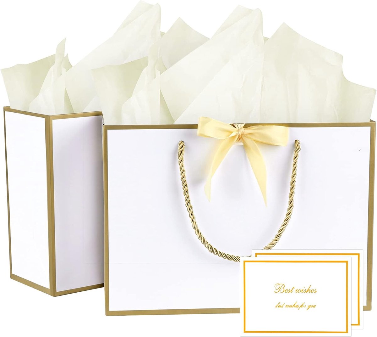 Papieren cadeautassen - Set van 2 grote cadeautassen met handvatten, afmetingen 28,4 x 20,9 x 10 cm, luxe strik, inclusief 2 kaartjes, geschikt voor verjaardagsfeestjes, bruiloften en andere gelegenheden,Witgoud,28x20x10cm