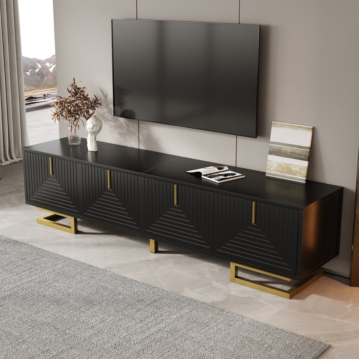 MUVANO Tv meubel zwart 160 cm - Tv kast met gouden poten - Modern lowboard zwart - Tv dressoir - 160x38x44,5 cm - Opbergruimte - Woonkamer Zwart