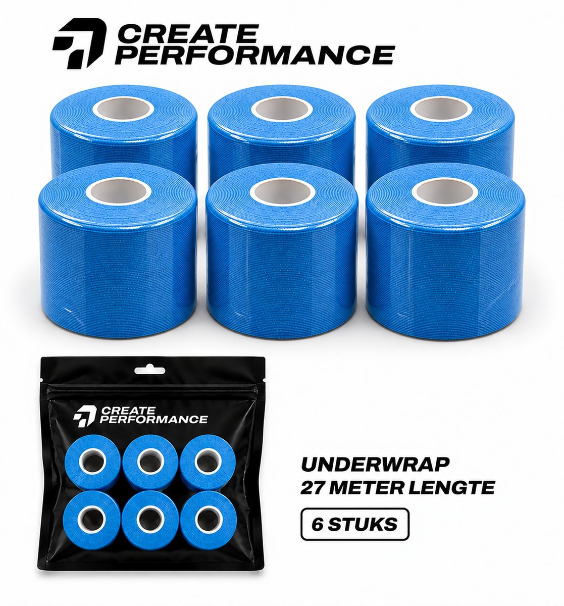 CREATE PERFORMANCE Underwrap tape - Voetbaltape - Fysio tape - Blauw - 6 stuks - 7cm x 27m - Inclusief tape tas