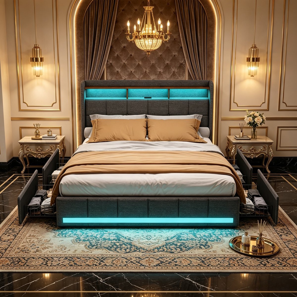 ROSAHQNDA Tweepersoonsbed 140x200 cm, gestoffeerd bed met LED-hoofdbord en 4 opberglades, modern design, linnen, grijs, zonder matras