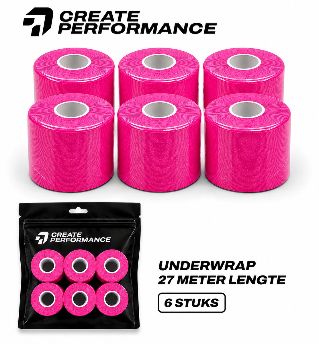 CREATE PERFORMANCE Underwrap tape - Voetbaltape - Fysio tape - Roze - 6 stuks - 7cm x 27m - Inclusief tape tas