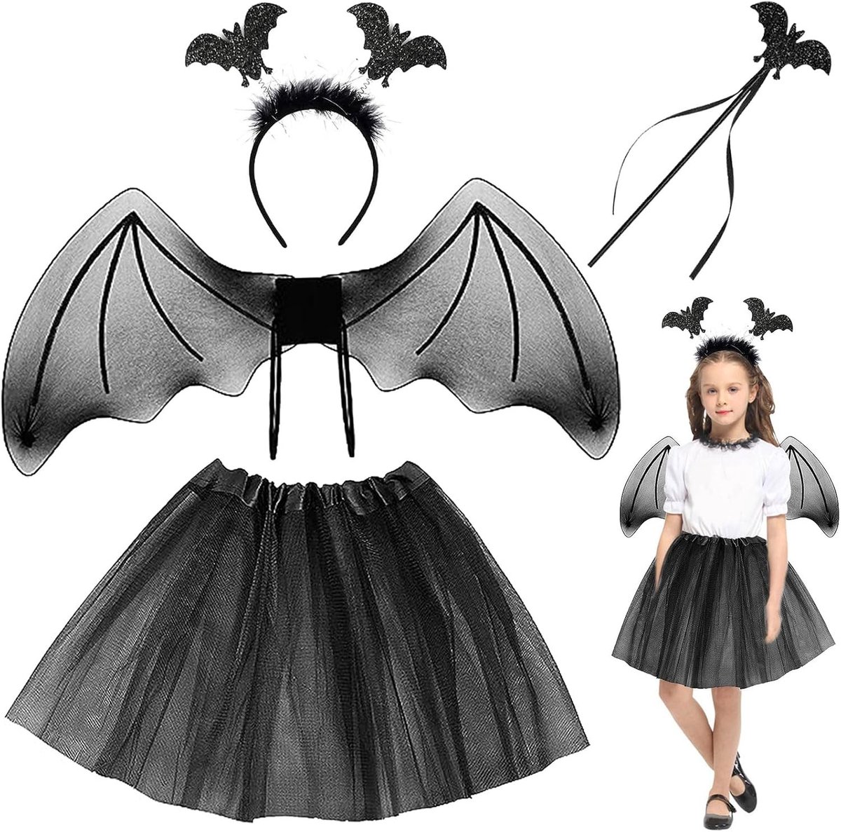 Schattig Kinder Kostuum voor Halloween met Zwarte Vleugels, Tulle Rok en Toverstaf voor Carnaval en Cosplay