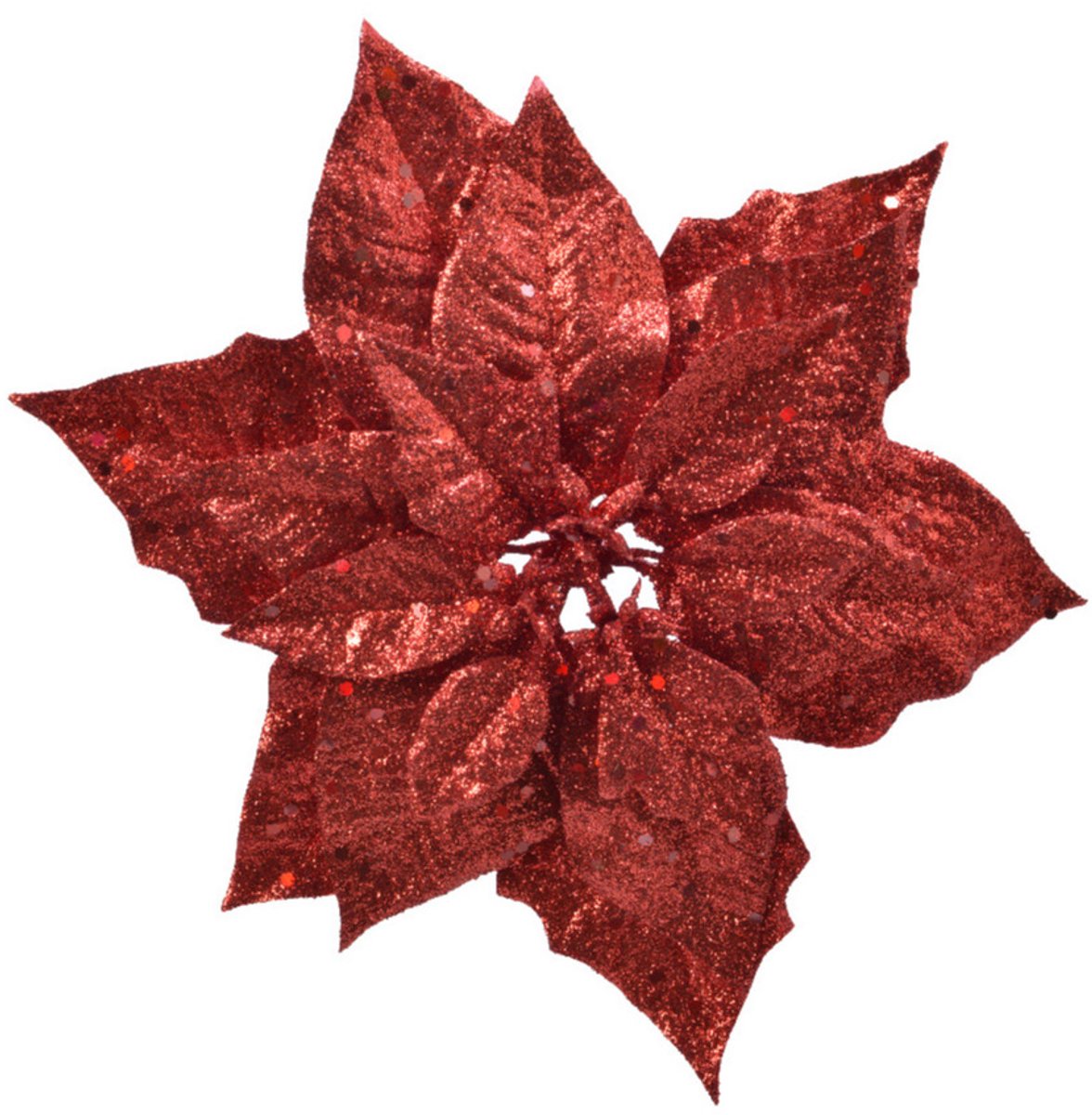 Decoris kerst decoratie bloemen - kerststerren - rood glitters - op clip - 23 cm - kerstboomversiering - kerstversiering