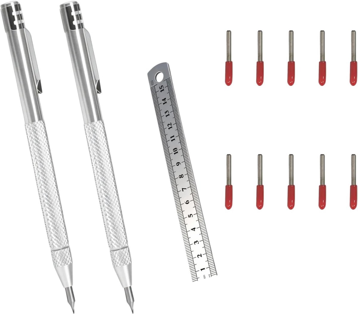Tear tool set met 2 tungsten stalen naalden, 10 vervangtips en 15 cm sterke stalen liniaal voor het graveren en schuren van metaal en glas