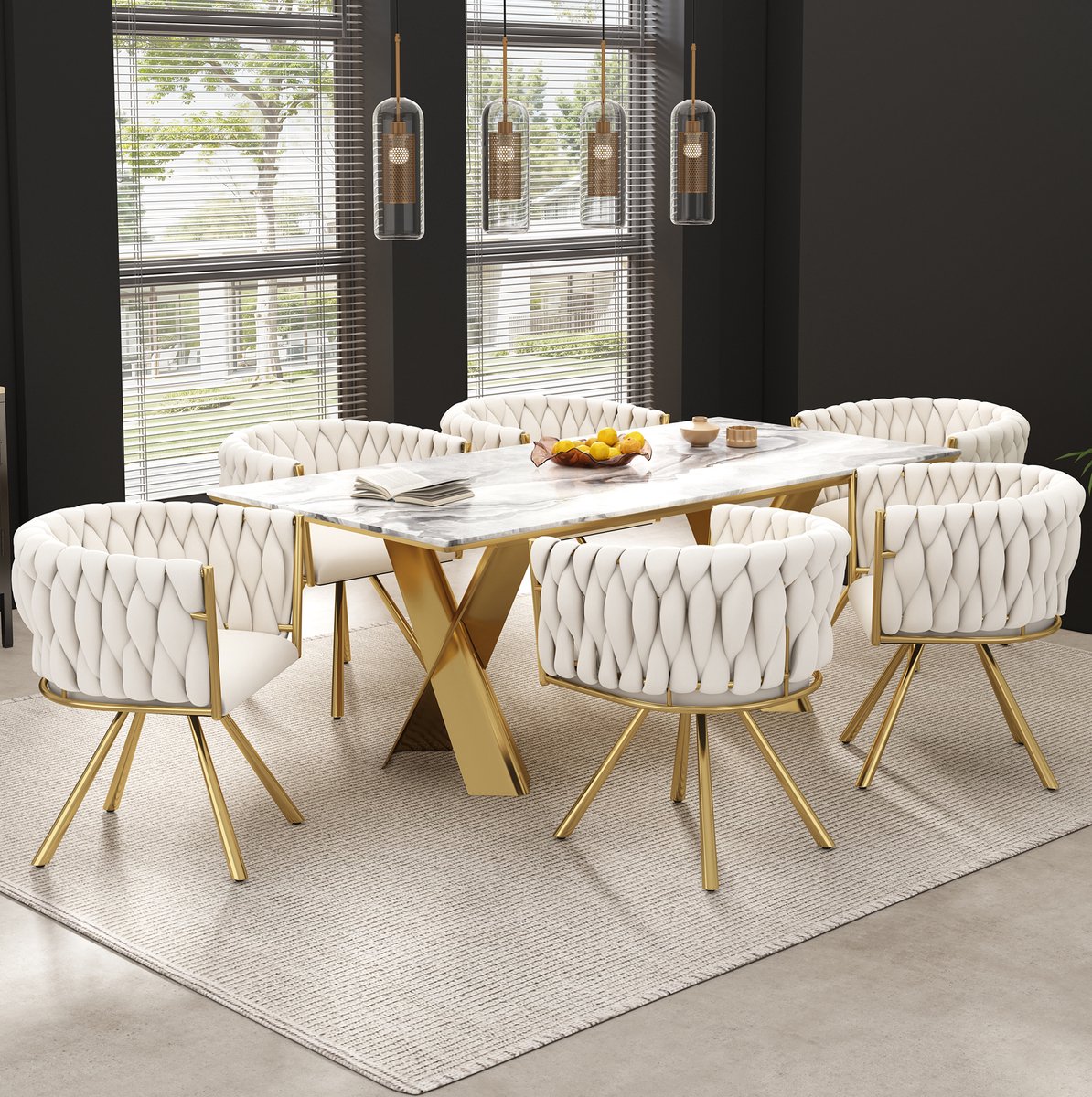 MODENUIT Eetkamerstoel - Set van 6 - 360 Graden Draaibaar - met Armsteunen - Eetkamer - Velvet - Beige en Goud