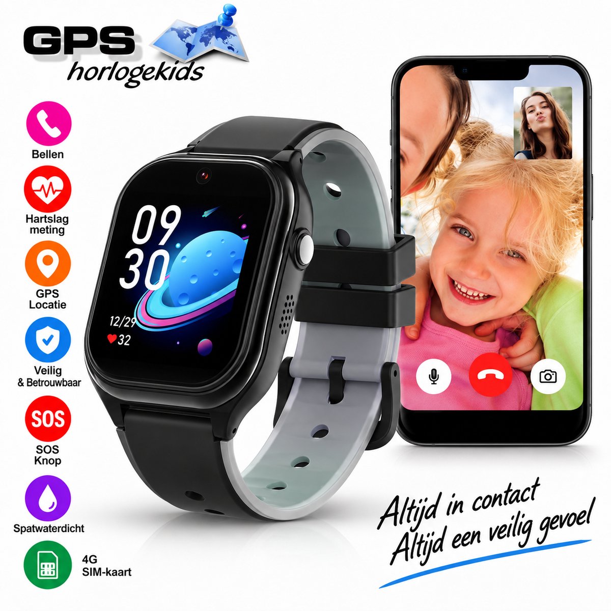 GPSHorlogeKids© - smartwatch kinderen - GPS horloge kind - kleinste model 2026 - kinder smartwatch - 4G videobellen - SOS alarm – veilige zone - klasse tijd - alarm - spatwaterdicht - hartslag - incl. SIM - CURVE zwart