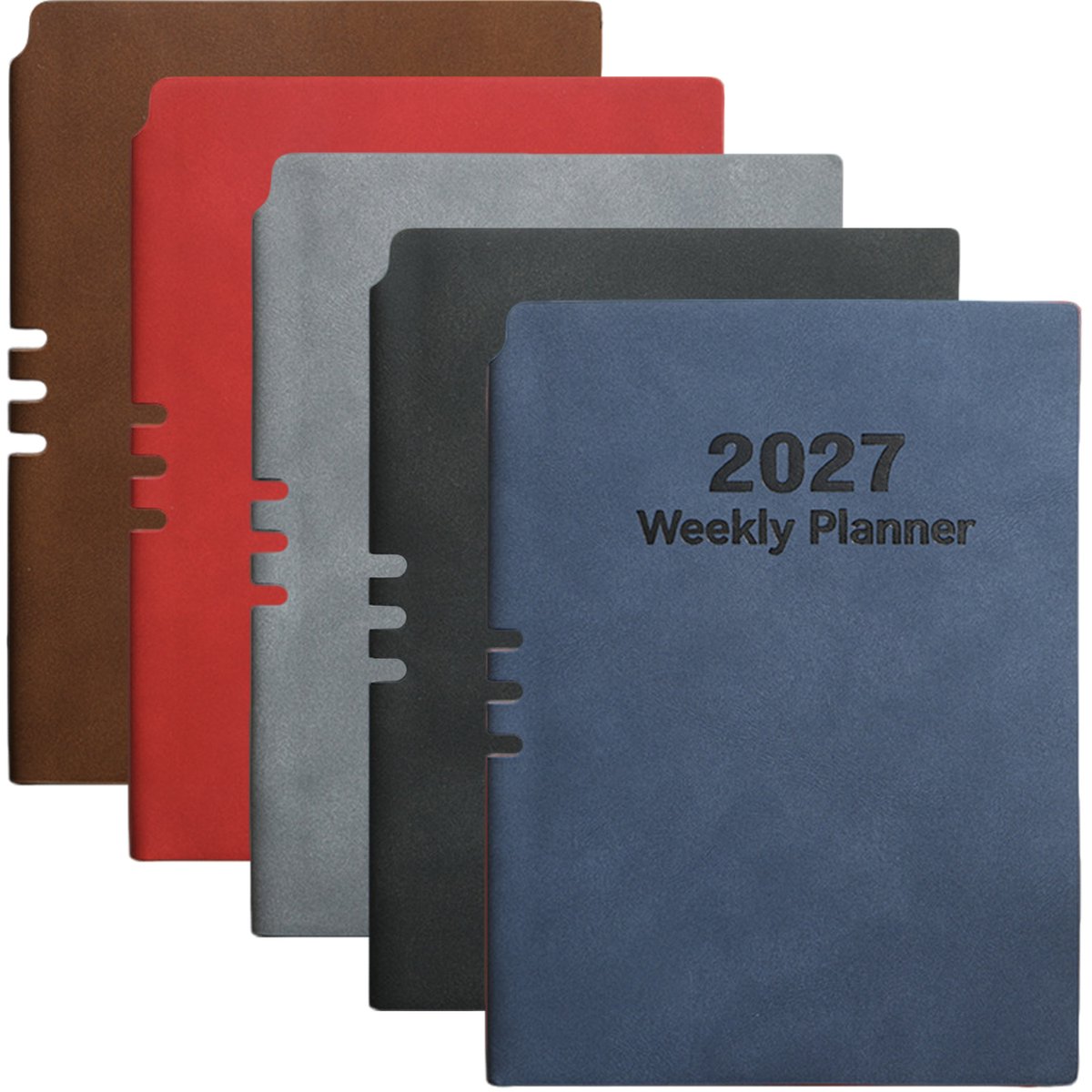 2027 Weekplanner – 5-delige Set – A5 Planner met PU-Leren Omslag – 152 Pagina's per Planner – Voor Werk, Studie & Persoonlijke Planning – Grijs, Rood, Blauw, Bruin & Zwart – 5 Stuks