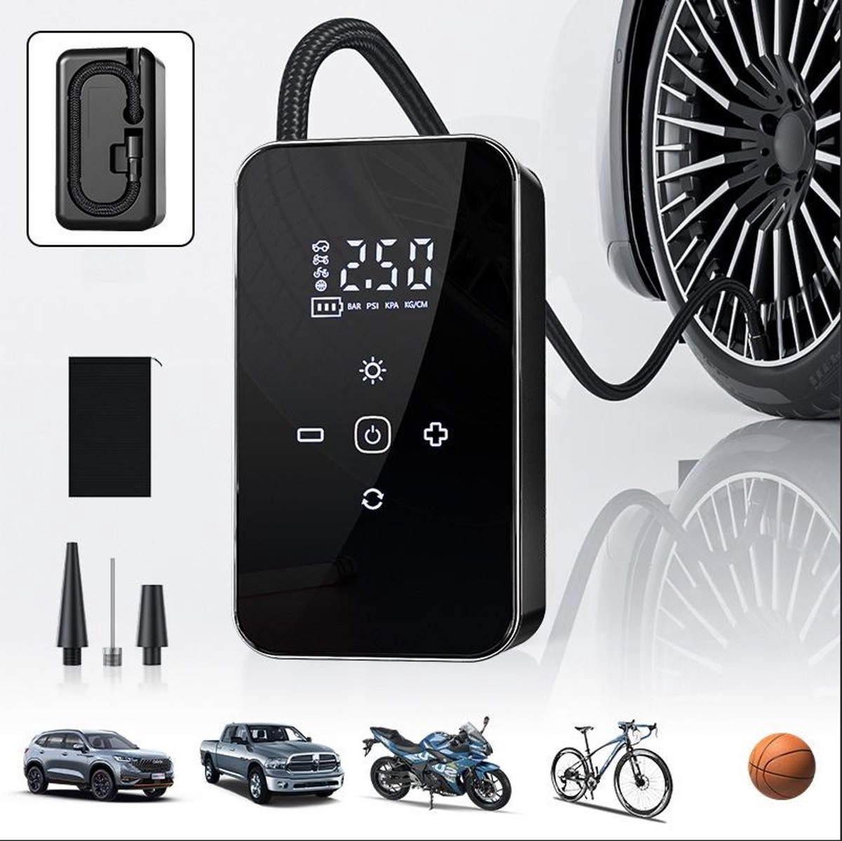 Elektrische Bandenpomp Draadloos – Draagbare Compressor met Digitaal Display – USB & 12V DC – Voor Autobanden, Fiets & Motor