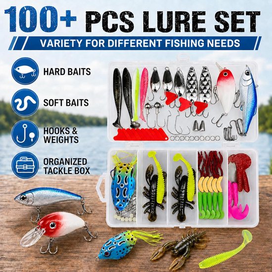 Complete Vissersset 111 Delig, 107 Kunstaas en Visaccessoires, Vis Tang, Onthaker, Visgrijper, Hengelsport Starterset voor Snoek Baars Forel — afbeelding 2