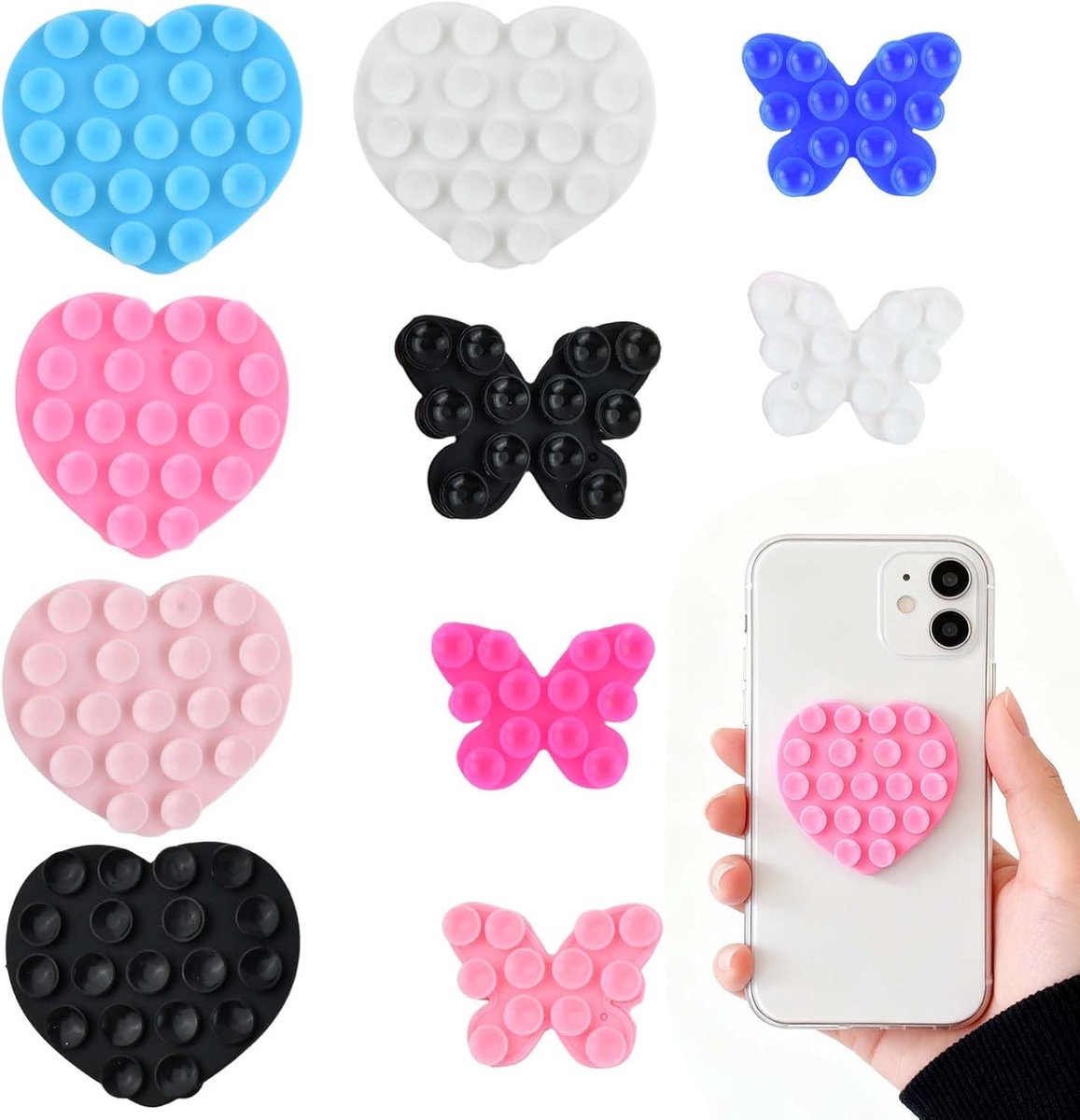Grips, universele telefoon zuignap, kleverige pad grip voor smartphone, antislip muur & glas lijm mobiele houder, 5 hartvormige en 5 vlindervormige (5 kleuren per