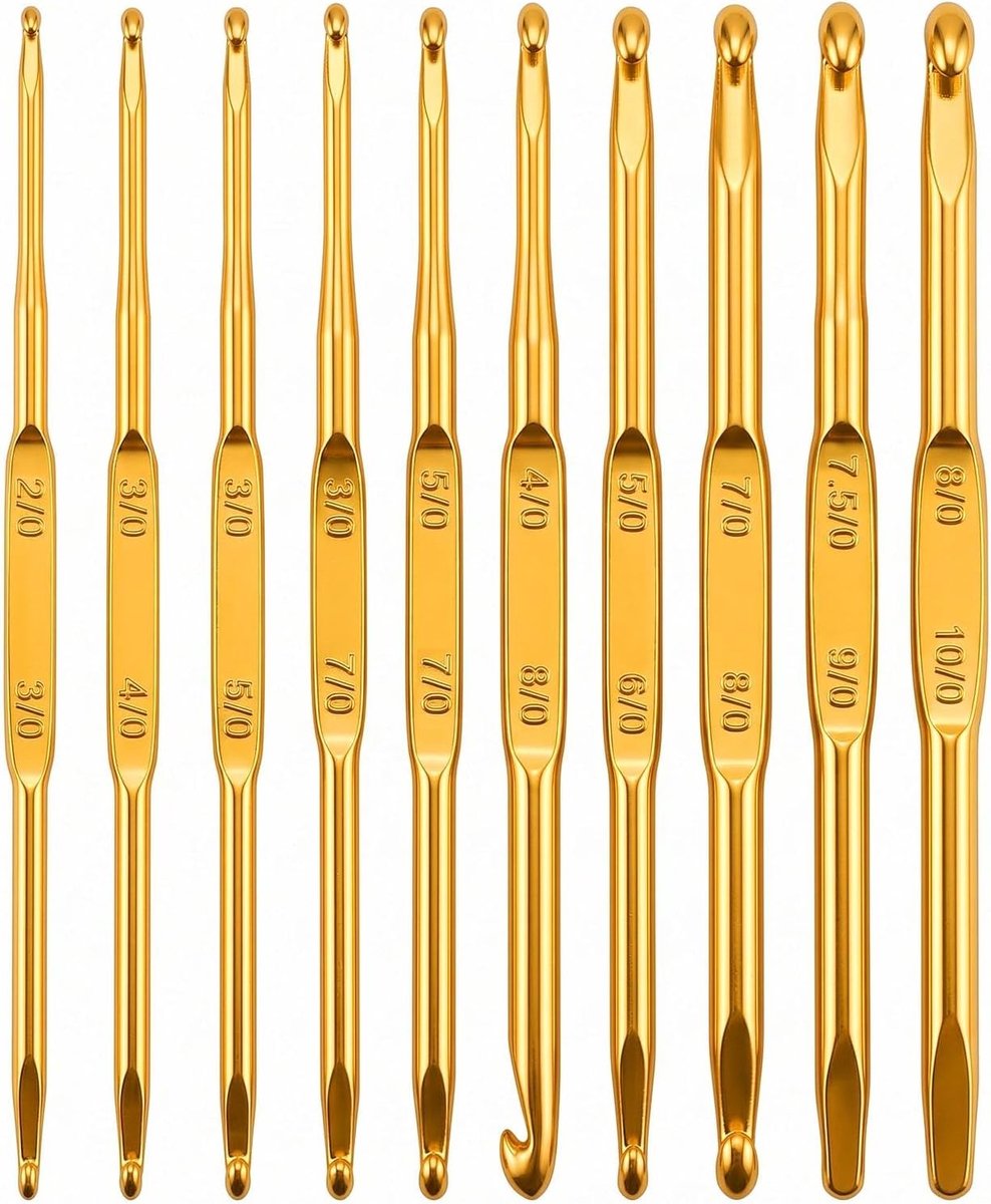 Haaknaaldenset, 10 stuks, goudkleurig, 2 mm - 10 mm