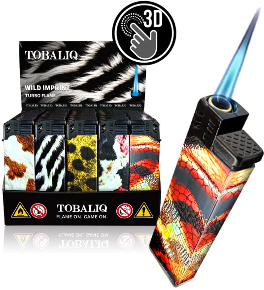 Tobaliq - Display 50 stuks- Turbo Aansteker - Design 3D JET-Motiefaansteker Wild Imprint - Aansteker - Navulbaar - Stormaansteker - Vuurwerk aansteker - BBQ