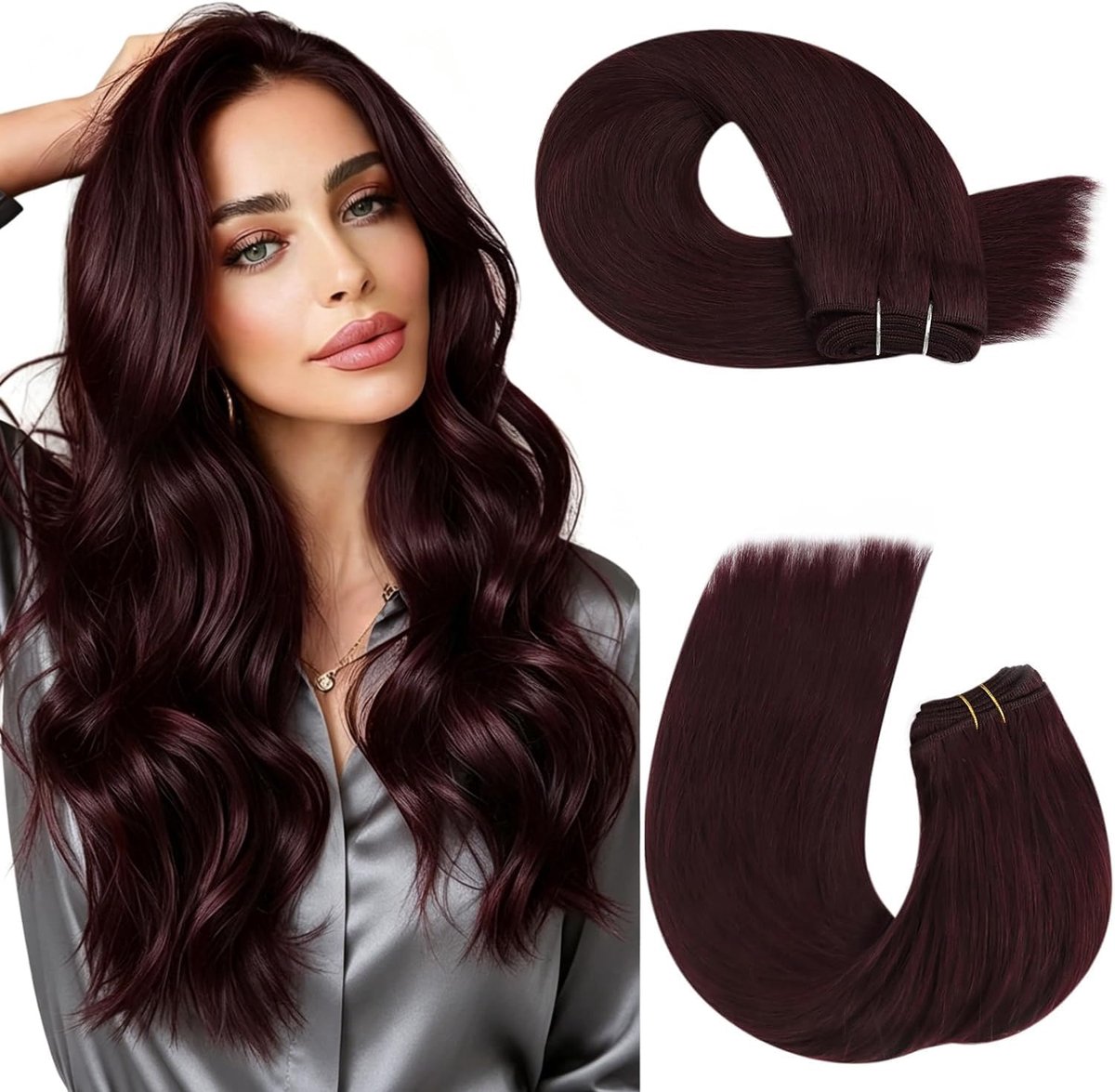 Weft Hair Extensions Echt Menselijk Haar Diep Wijnrood #99J 45 cm 100G