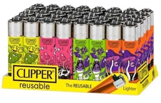 Display met 48 Clipper aanstekers met diverse psychedelische paddestoel- en oogmotieven.