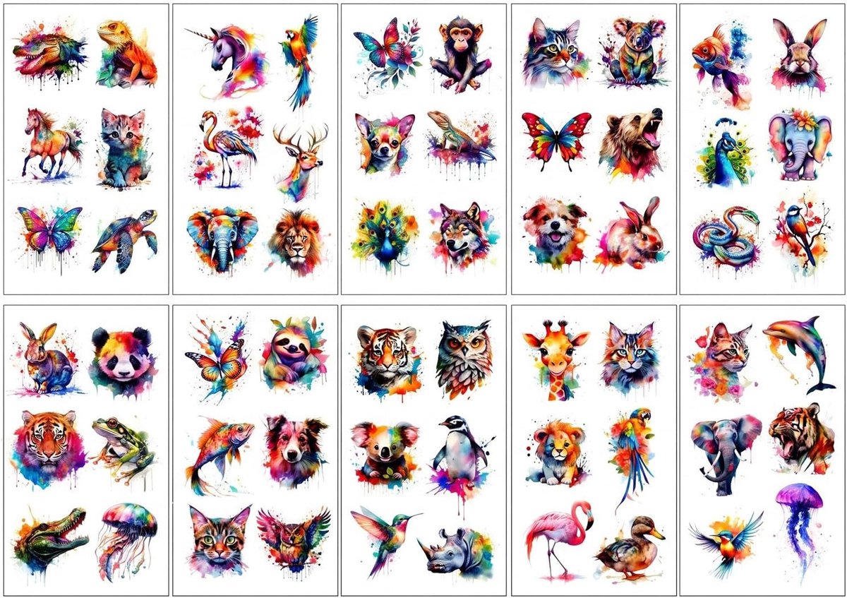 10 vellen diertatoeages voor kinderen, aquareldieren, tijdelijke tatoeages, huidvriendelijke plaktattooset, ideaal als cadeautje, kinderverjaardag en schoolzakvulling voor jongens en meisjes