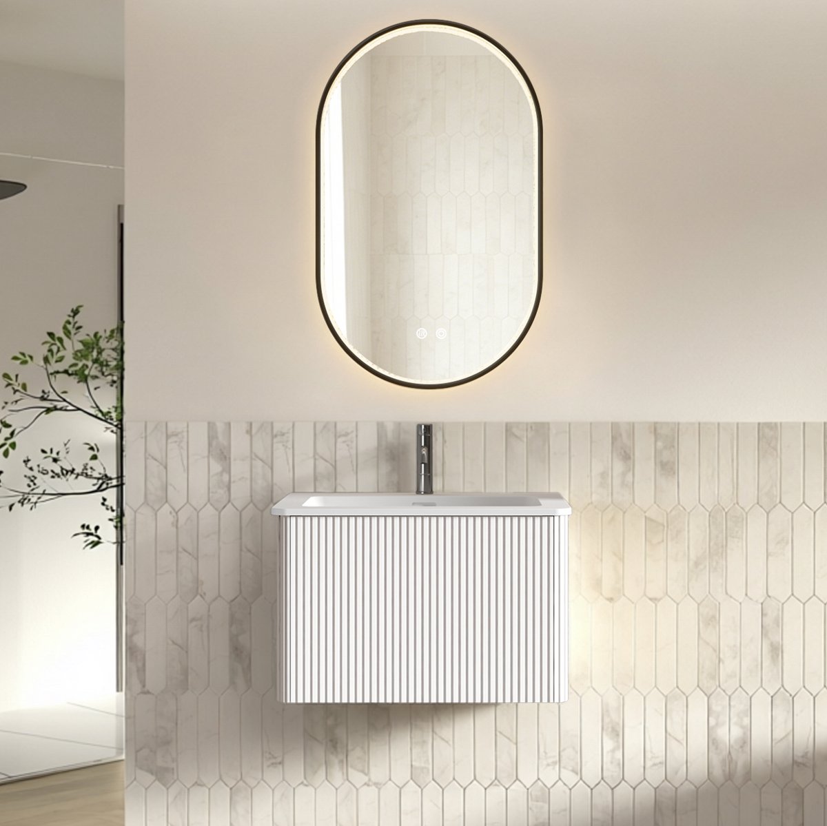 STILVORA Badkamermeubelset - Wandhangend met Ledspiegel en Wastafel - voor Kleine Badkamers - Kunststeen en Glas - Wit - 60 cm - Ovaal