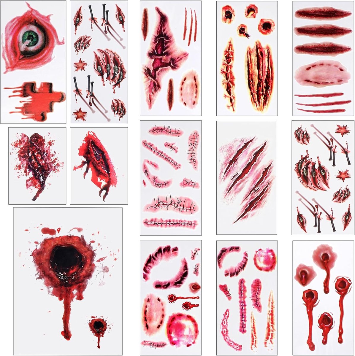 14 vellen Halloween tattoostickers, Halloween littekens, tijdelijke bloedige wondtattoostickers, waterdicht, Halloween, zombie-makeovers voor vampier, zombie, cosplay, maskerade, prank make-up