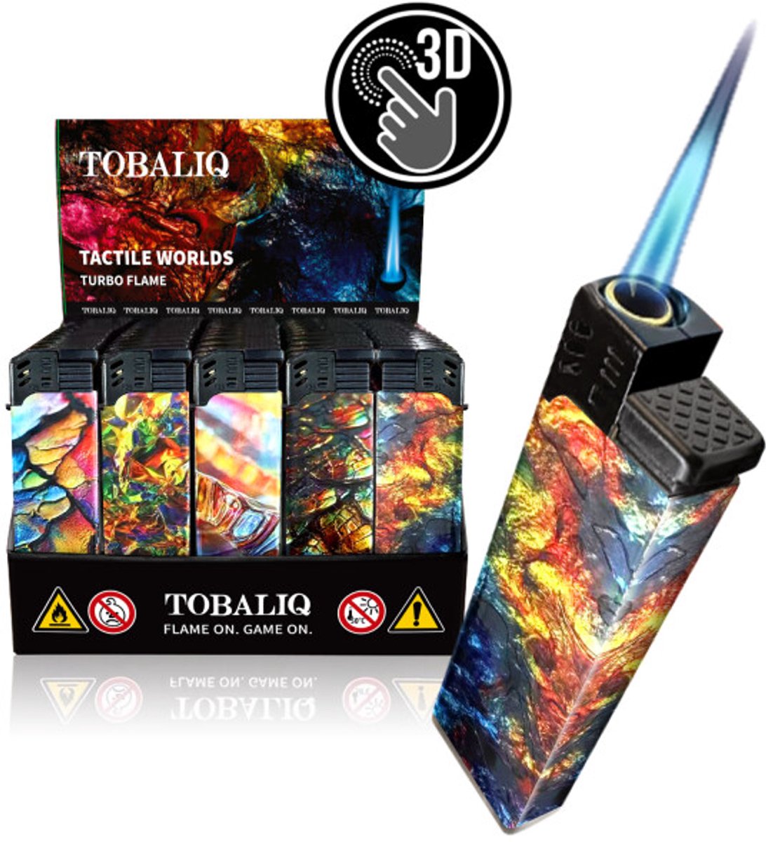 Tobaliq - Display 50 stuks- Turbo Aansteker - Design 3D JET-Motiefaansteker Tactile Worlds - Aansteker - Navulbaar - Stormaansteker - Vuurwerk aansteker - BBQ