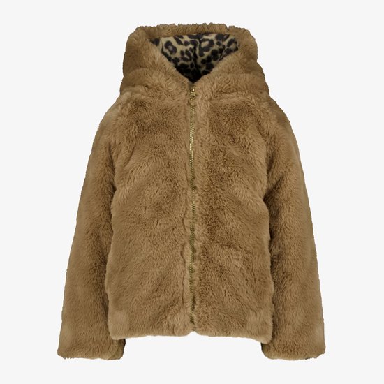Bruine imitatiebont jas voor meisjes met capuchon, luipaardprint voering en ritssluiting.