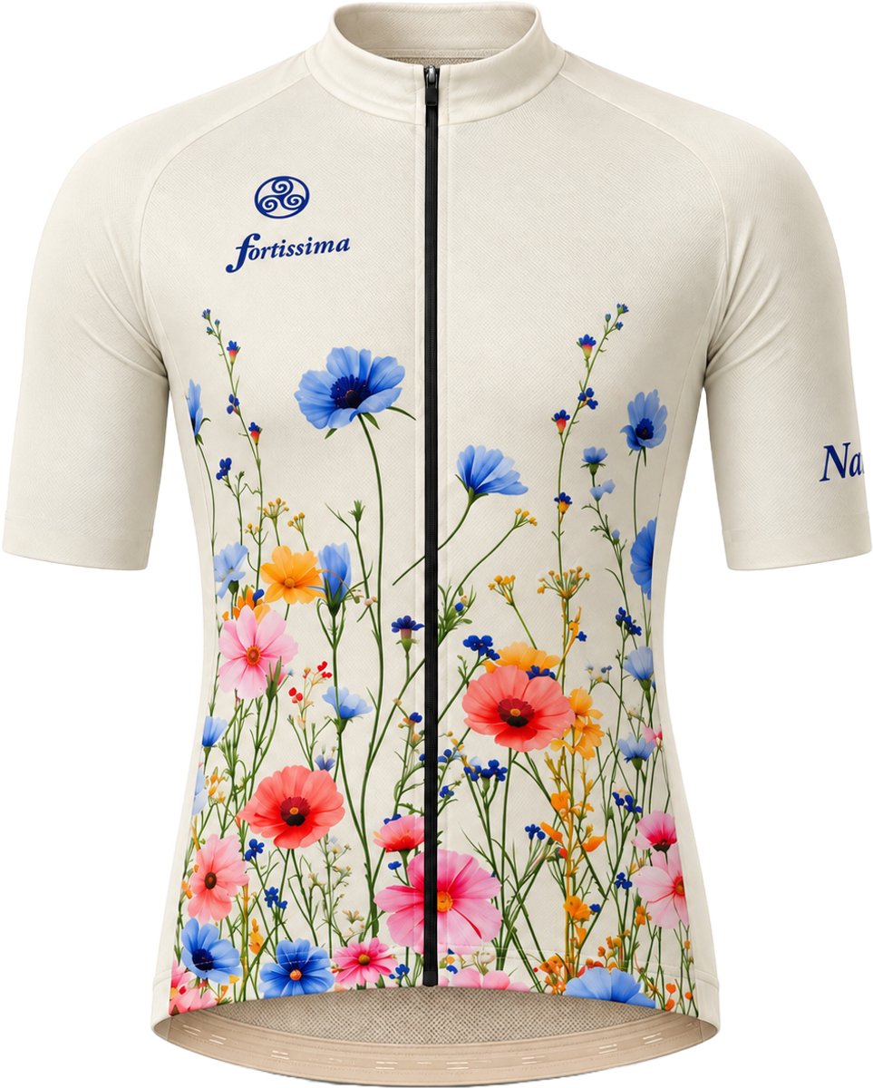 Fortissima Wielershirt Unisex Wildflowers - Fietsshirt Korte Mouw - Crème met Bloemenprint - Maat L