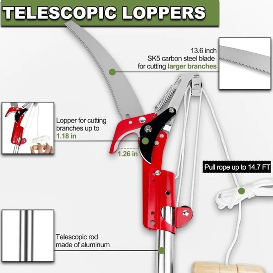 Telescopische takkenschaar met 4 meter lange steel en draagtas voor het snoeien van takken en bomen, ideaal voor zagen en knippen — afbeelding 5