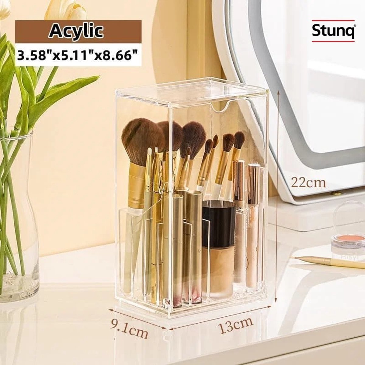 Stunq® Make-upborstelhouder organizer transparant met 17 sleuven, kantelbaar en stofdicht