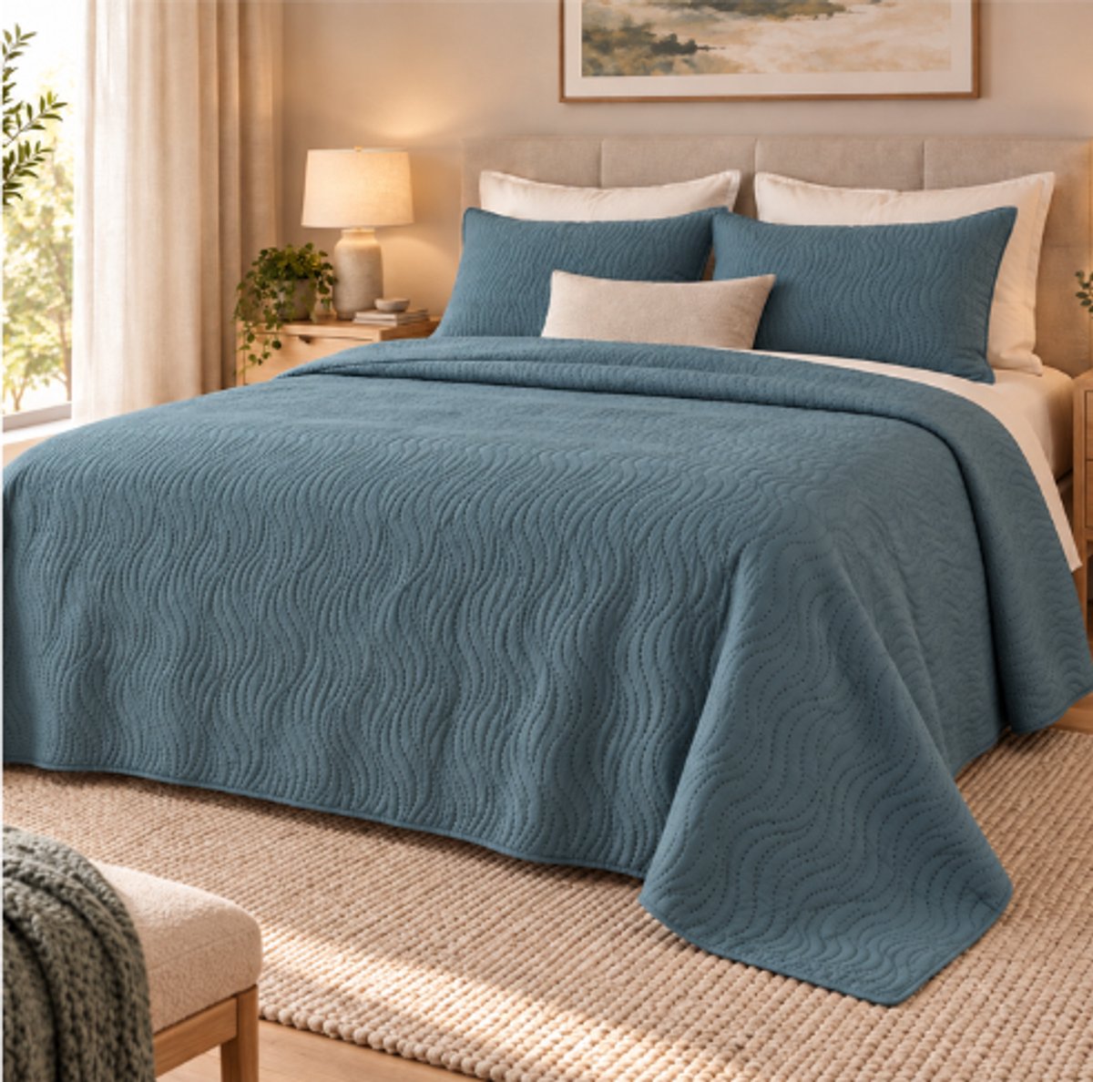 Luxe bedsprei / cover – Donkergroen – 220 × 240 cm- golfpatroon