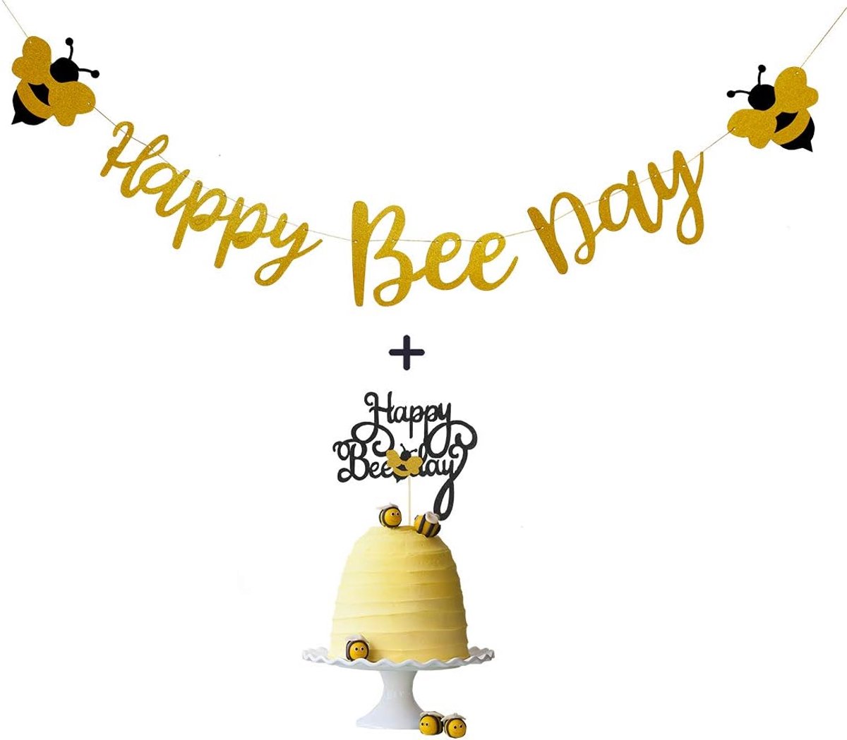 Happy Bee Day Banner en Cake Topper - Goud Glitter - Perfect voor Bumble Bee Thema Verjaardag - Herbruikbaar - ShopVlot