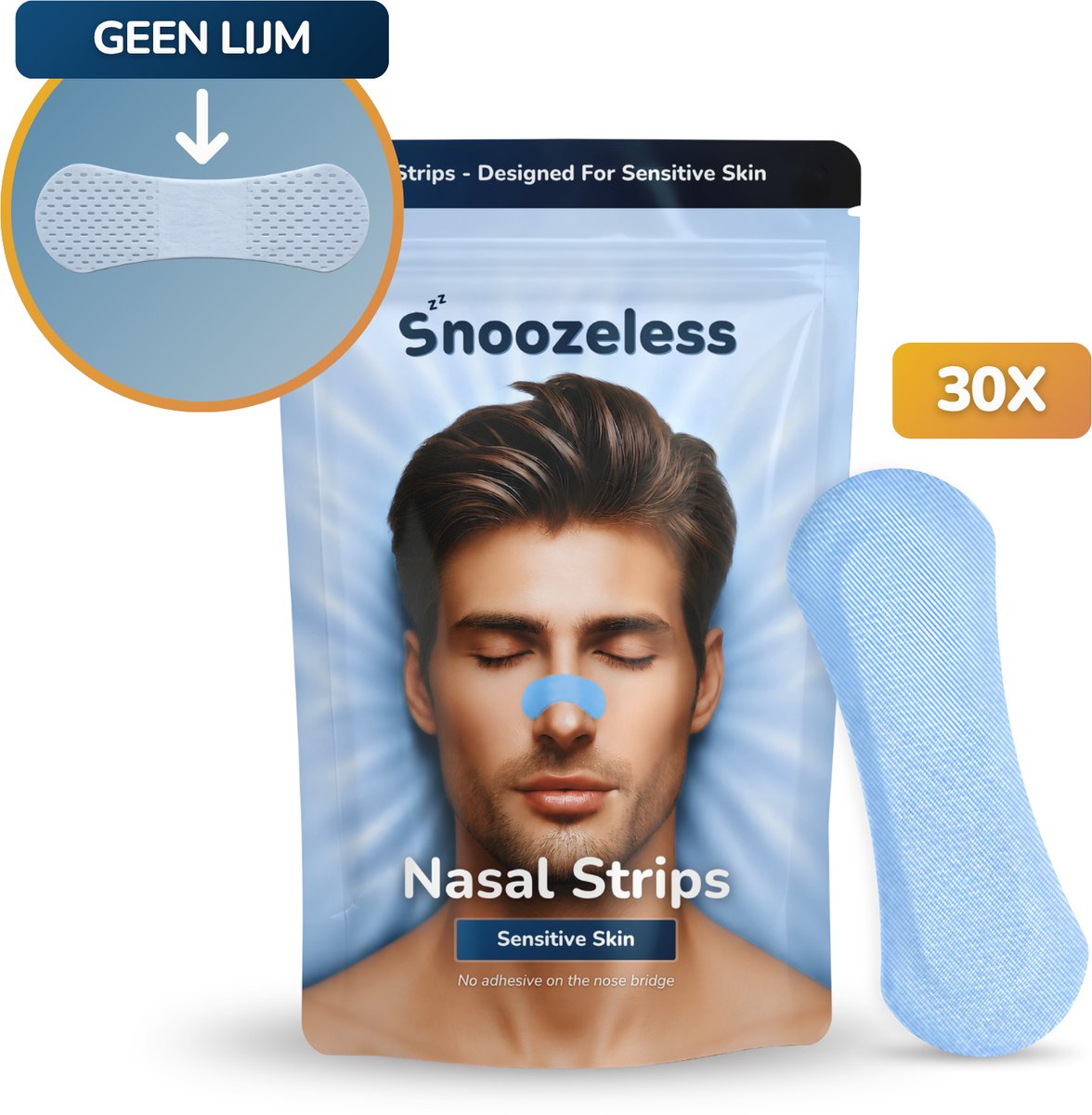 Snoozeless Sensitive Neusstrips – Neuspleisters tegen Snurken voor een Gevoelige Huid – Geen Lijm op het Gevoelige Deel van de Neus – Makkelijker Verwijderen – Betere Neusademhaling tijdens het Slapen – 30 stuks