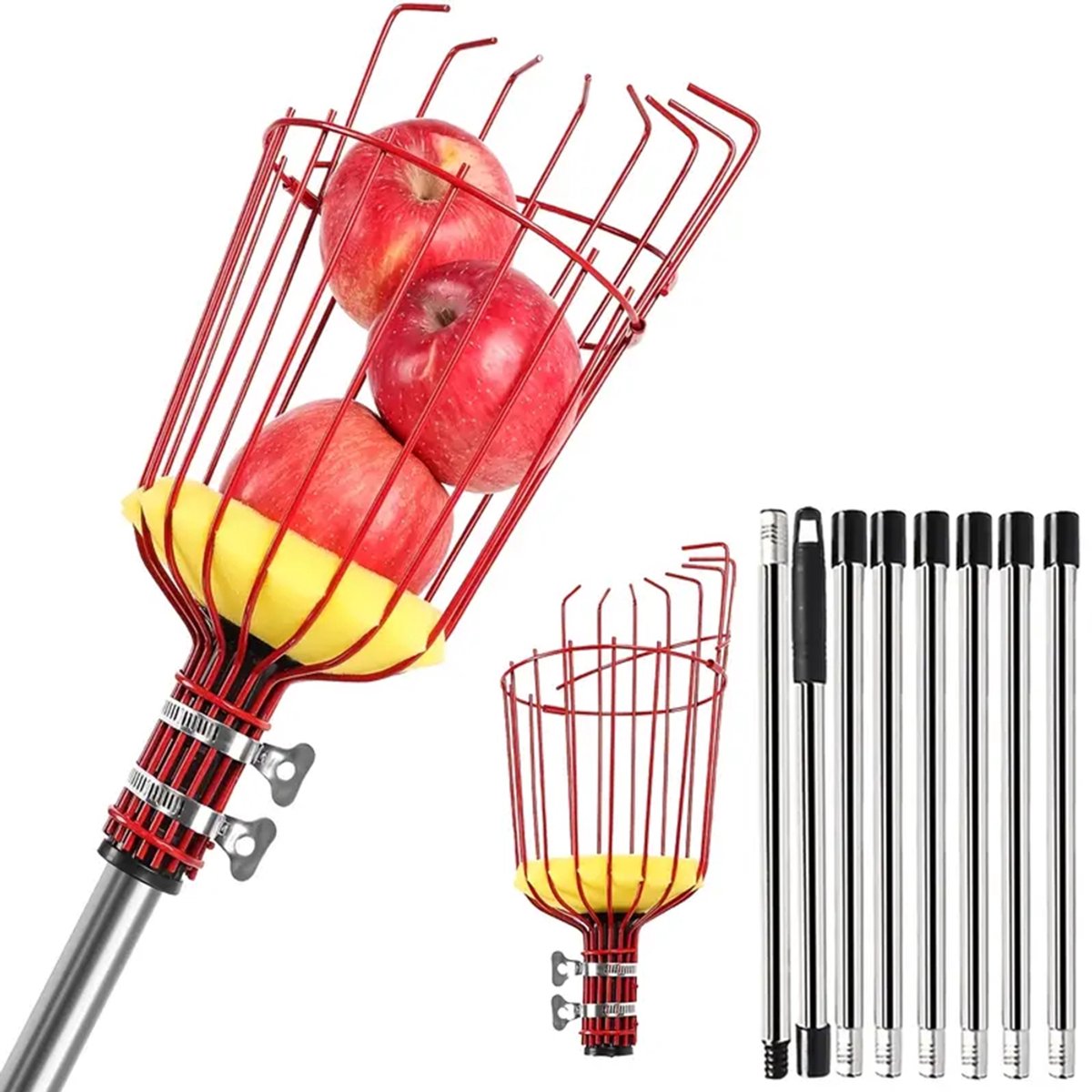 Fruitplukker Met Lange Steel – Verstelbare 8-Stangige Steel, Grote Metalen Mand En Schuimrubberen Kussen – Montage Zonder Gereedschap In 5 Minuten – Voor Appels, Peren, Sinaasappels En Meer – Max. 3,2 m – Rood