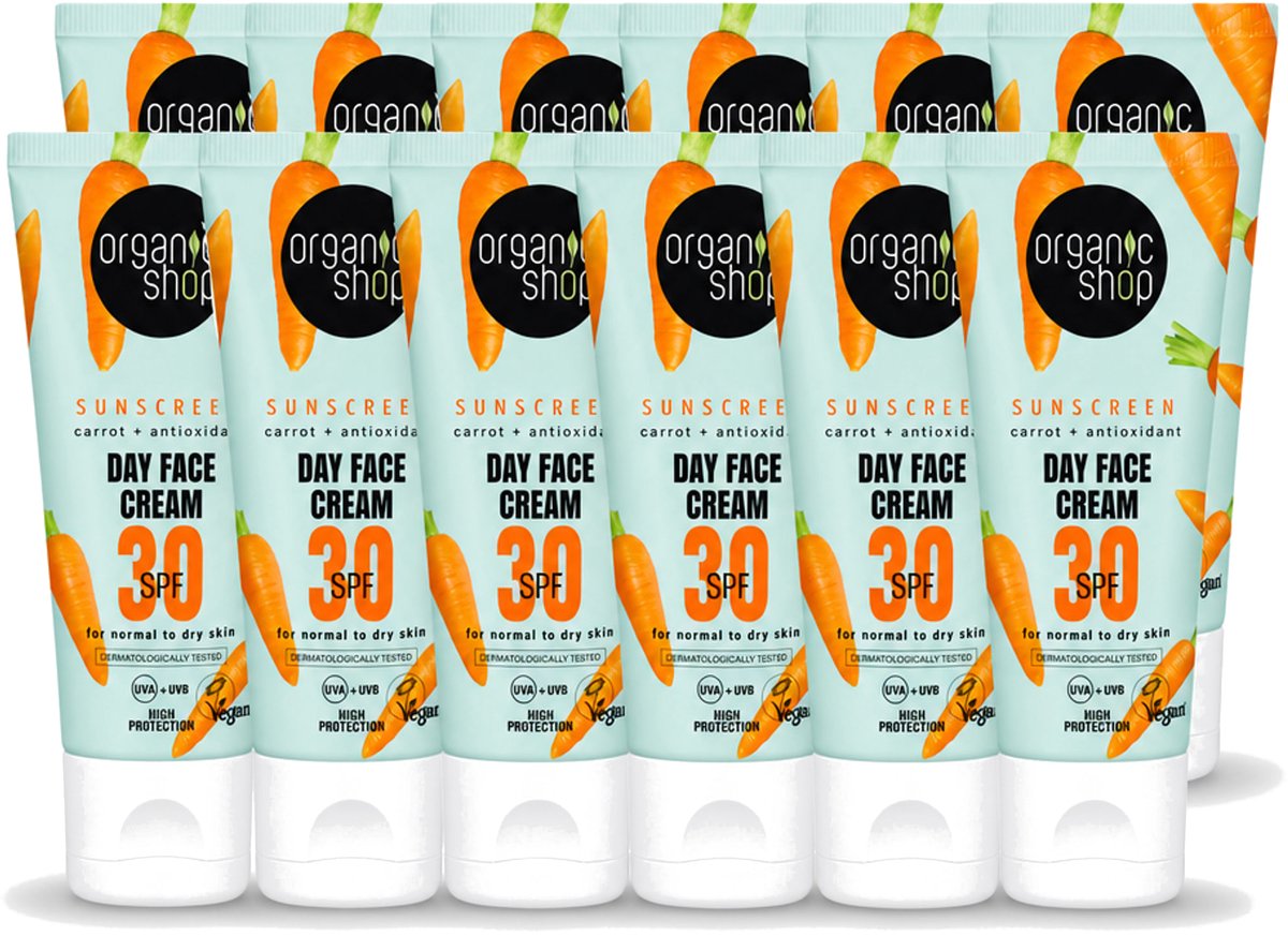12 x Organic Shop - Zonnebrandcrème Gezicht SPF 30 - Normale Huid - 50 ml - Voordeelverpakking - 12 stuks