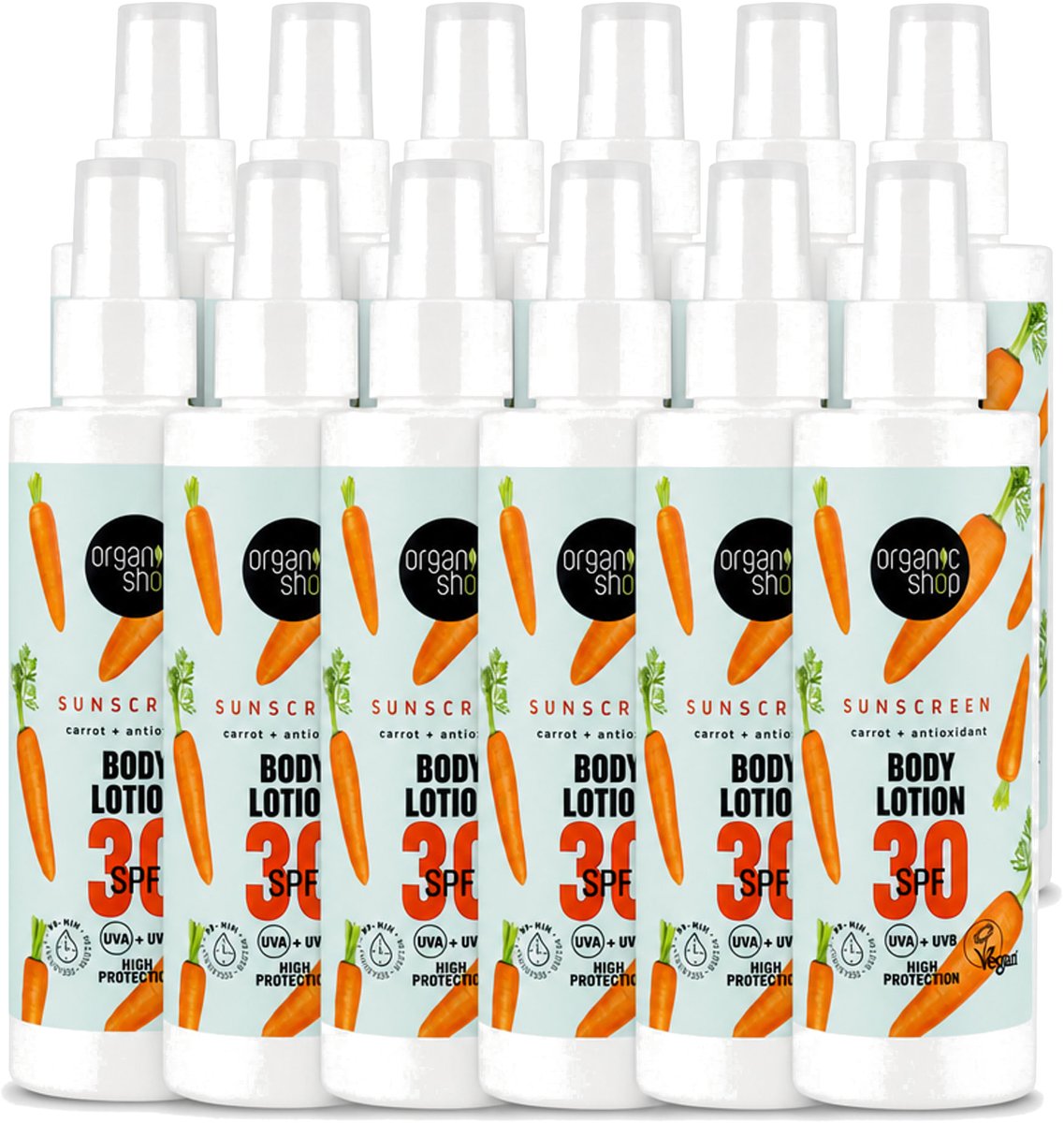 12 x Organic Shop - Zonnebrandcrème SPF 30 - Bescherming tegen de Zon - 150 ml - Voordeelverpakking - 12 stuks