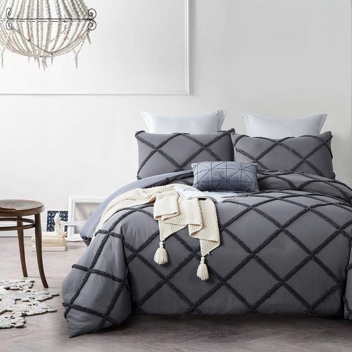 LUCKICE 155x220cm Beddengoed getuft borduurwerk shabby chic dekbedovertrek boho-borduursel beddengoedset met rits, kussensloop 80x80 cm