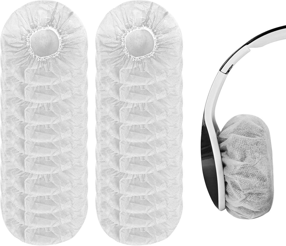 Set van 100 Wegwerp Hoofdtelefoon Covers, Rekbare Oorkussens, Non-Woven Earpads voor Hoofdtelefoons van 7 tot 8,5 cm, Wit, Bescherming en Hygiëne voor Oorkussens