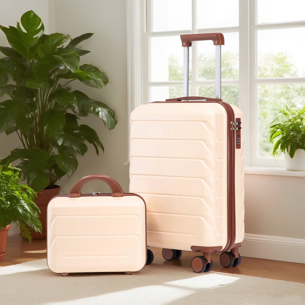 MEUNIQ 2-delige ABS hardcase kofferset 19 inch met 14 inch cosmetische tas, cijferslot, 4 zwenkwielen en verstelbare trolleygreep, beige