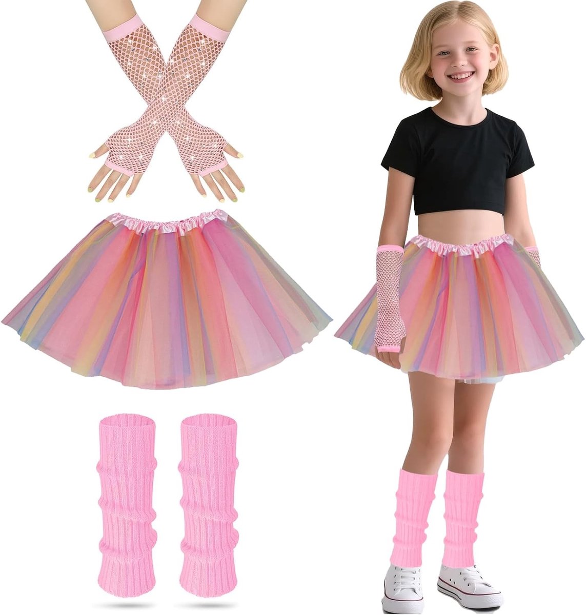 80s Kostuum voor Meisjes met Neon Beenwarmers, Visnet Handschoenen en Tutu Jurk voor Themadansfeest