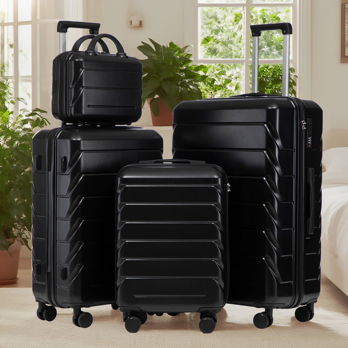 MEUNIQ 4-delig ABS kofferset met 14 inch cosmetica-organizer, 19/24/28 inch harde koffers, cijferslot, 360° spinnerwielen en telescopische handgreep, zwart