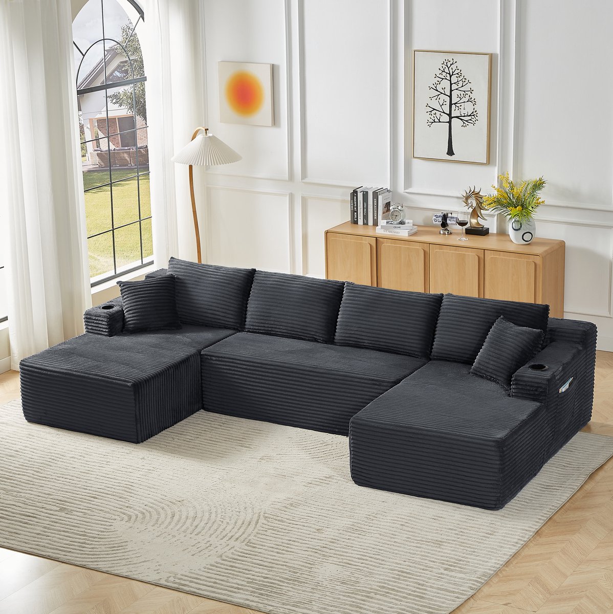 MODENUIT U-Bank 339 cm - Modulaire 6-Zits Met Diepe Zit - Voor Woonkamer - Ribfluweel - Donkergrijs